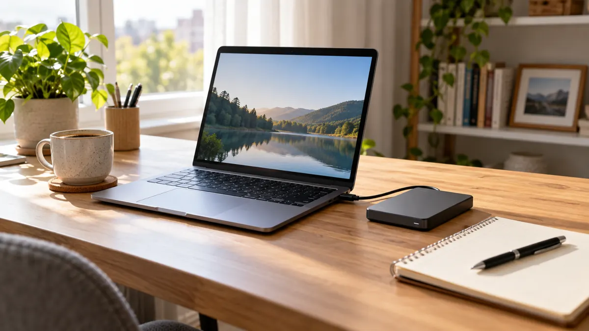 Dysk zewnętrzny i laptop – domowy plan kopii zapasowej zdjęć i dokumentów